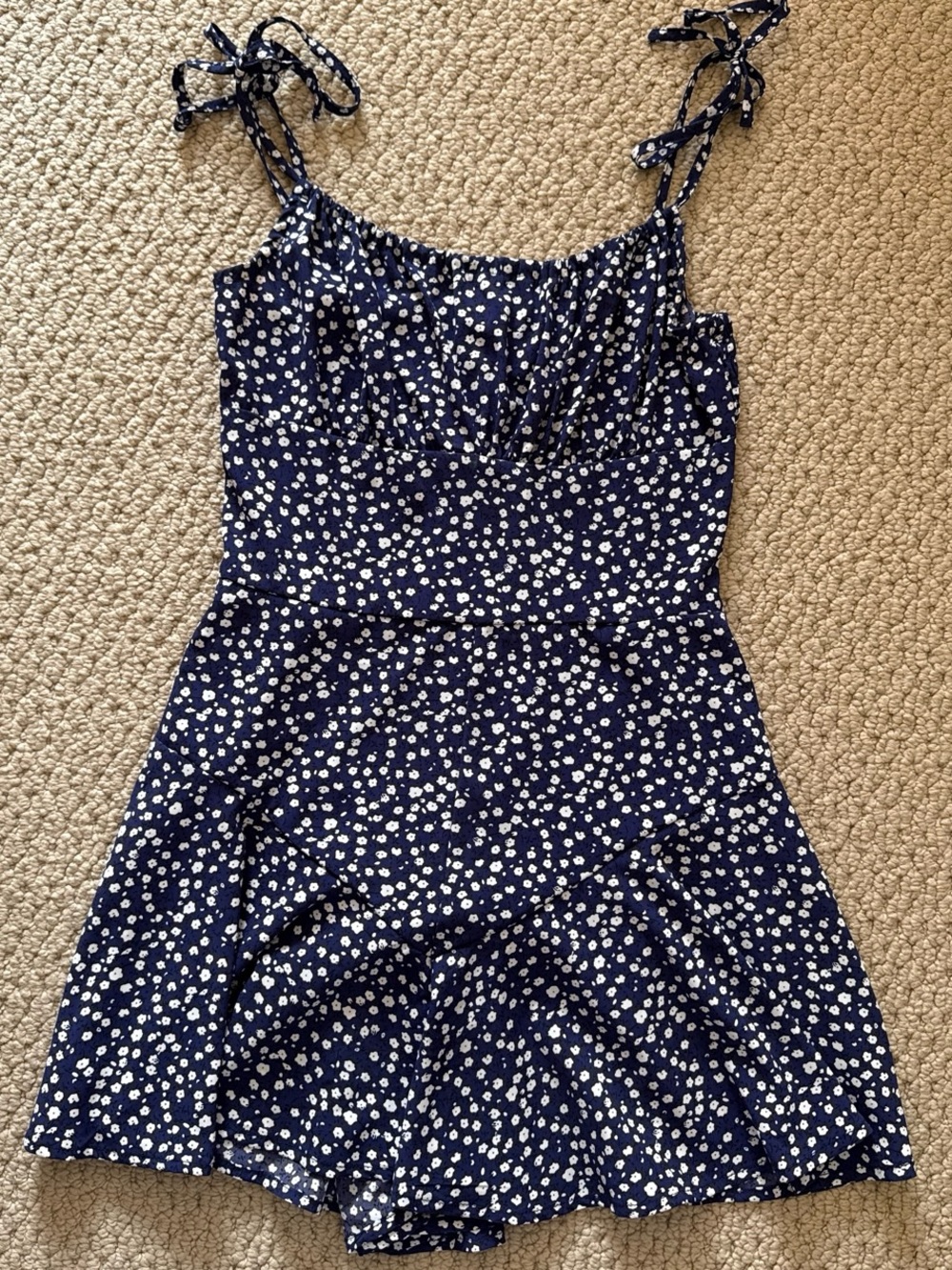 Amazon Navy Blue and White Floral Tie-Strap Mini Dress